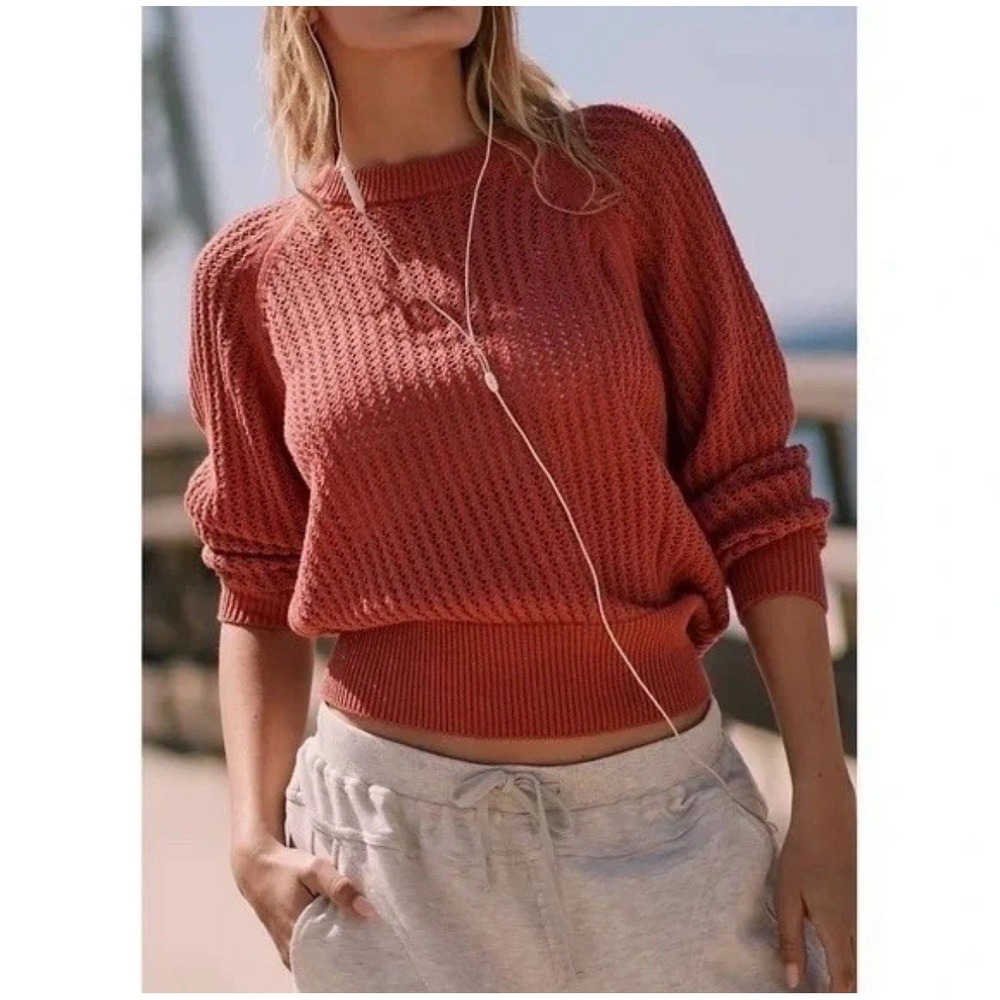 VARLEY $120 Clay Knit Sweater Mineral Red Crewneck Pullover Open Knit Cotton S